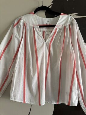 GAP White Blouse with Coral-Pink Stripes - Women's V-Neck Peasant Top